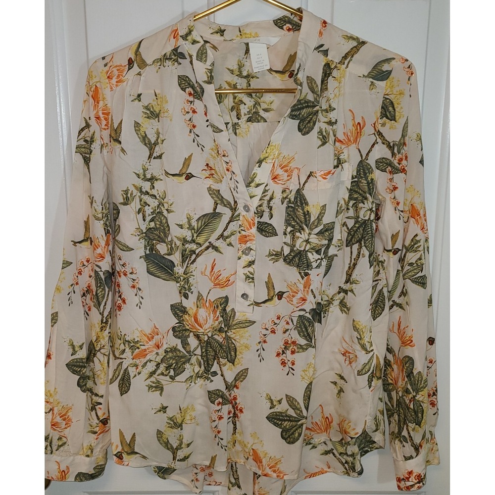 H&M Women's Long Sleeve Floral Blouse Shirt Size 4 Garden Girly Librarian Cream
